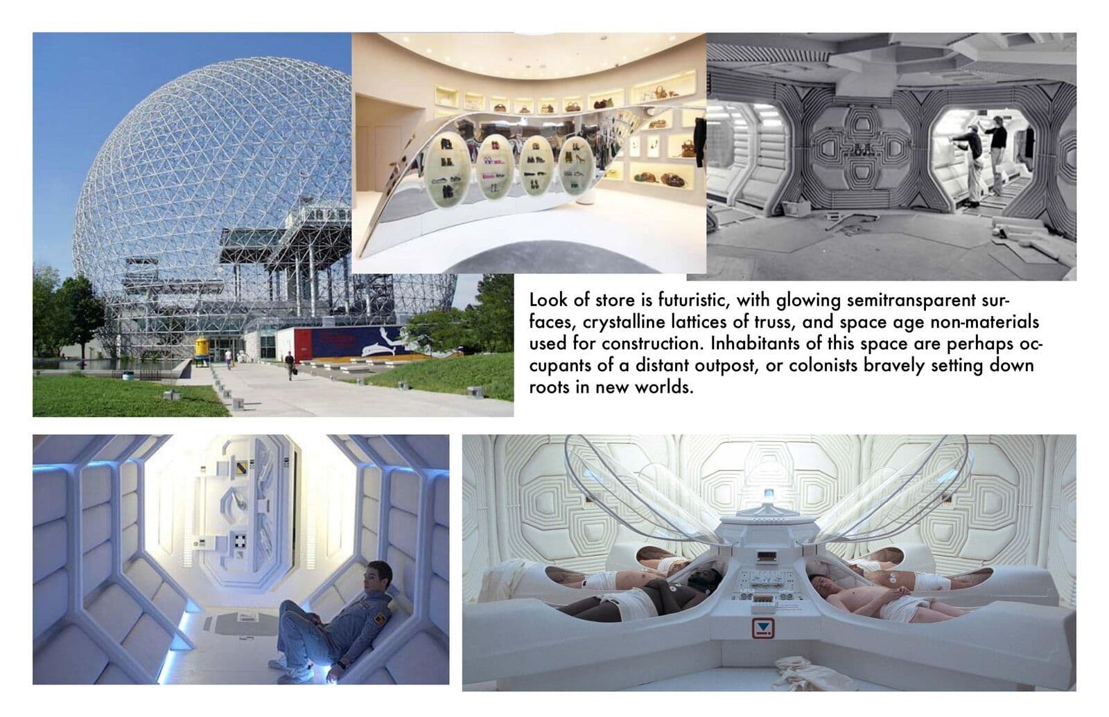 Futuristic aesthetic — semitransparent surfaces, crystalline truss