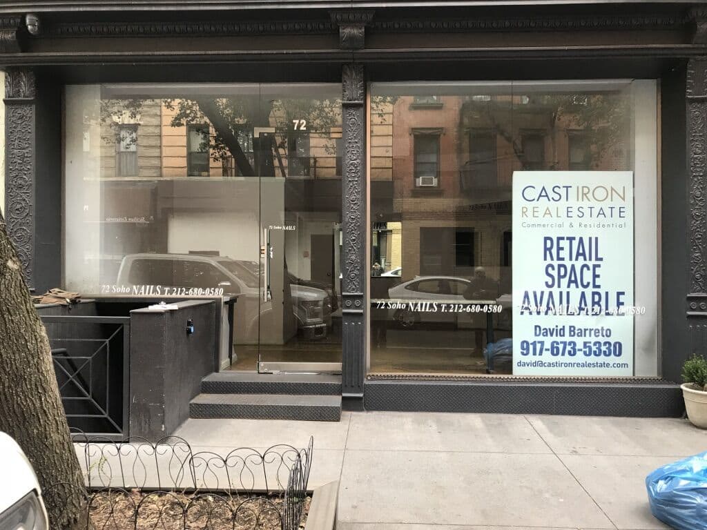 The vacant storefront — 72 Soho Nails, retail space available