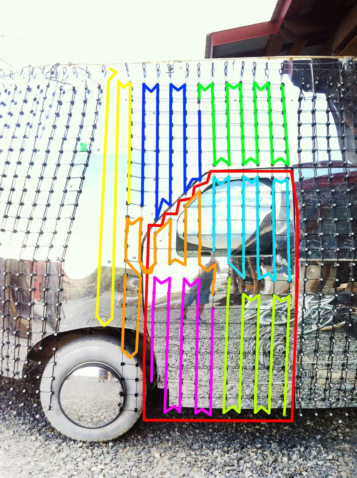 Window mapping diagram — color-coded zone layout overlaid on the vehicle side