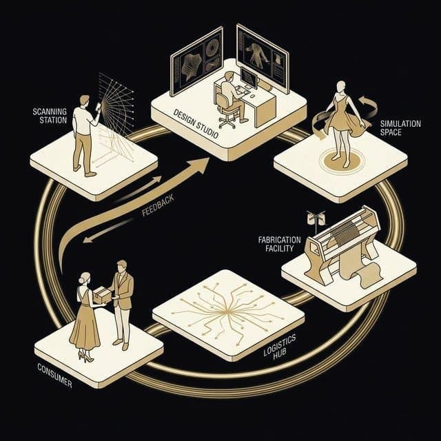 Closed-loop ecosystem — scanning station, design studio, simulation, fabrication, logistics, consumer feedback