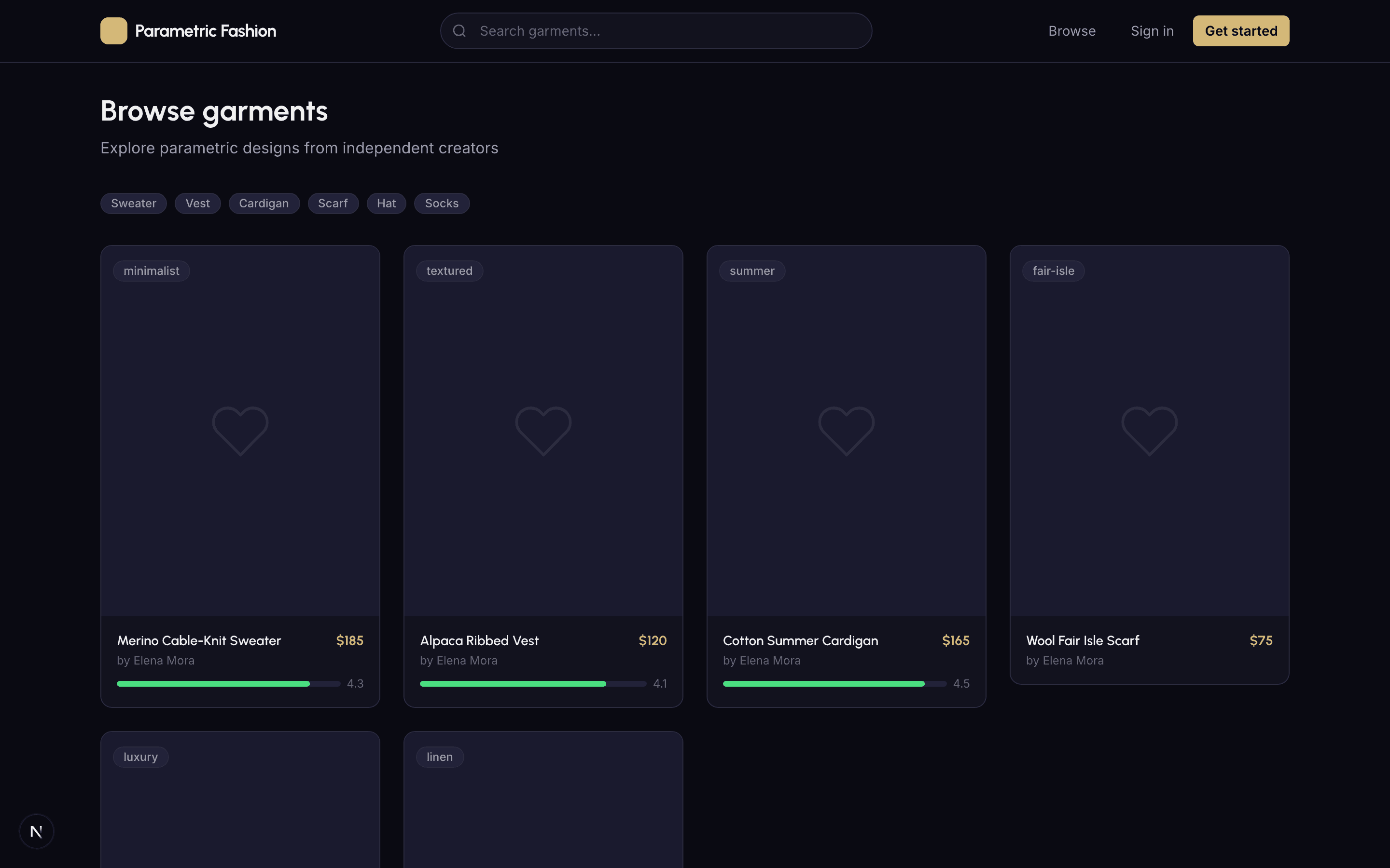 Parametric Fashion marketplace — browse garments with category filters, pricing, and fit scores