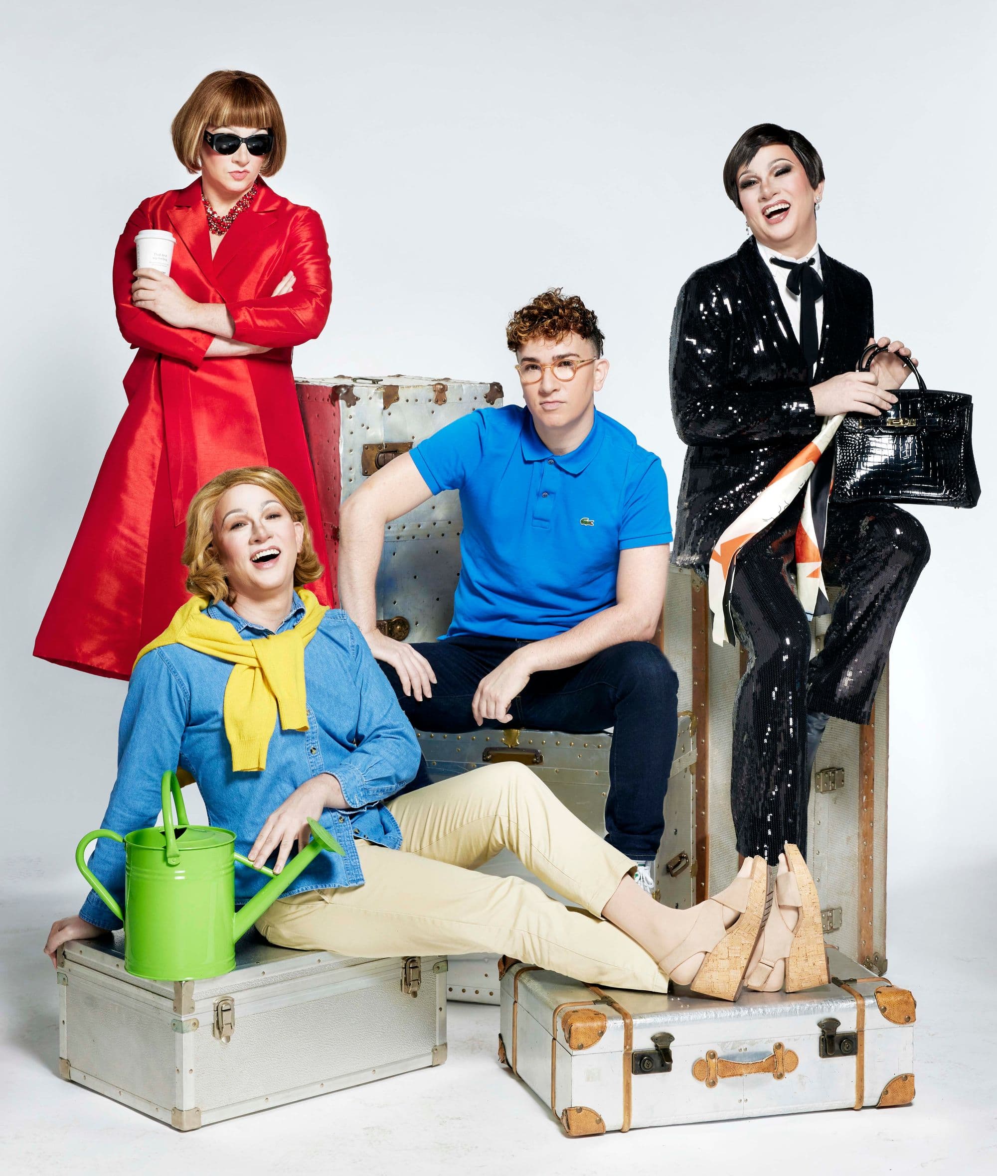 Ryan Raftery in character as Anna Wintour, Martha Stewart, and more — group composite