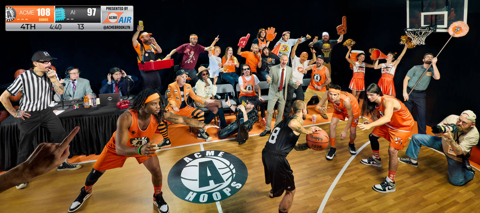 ACME vs AI — full court panorama, 28 people on a studio-built basketball court