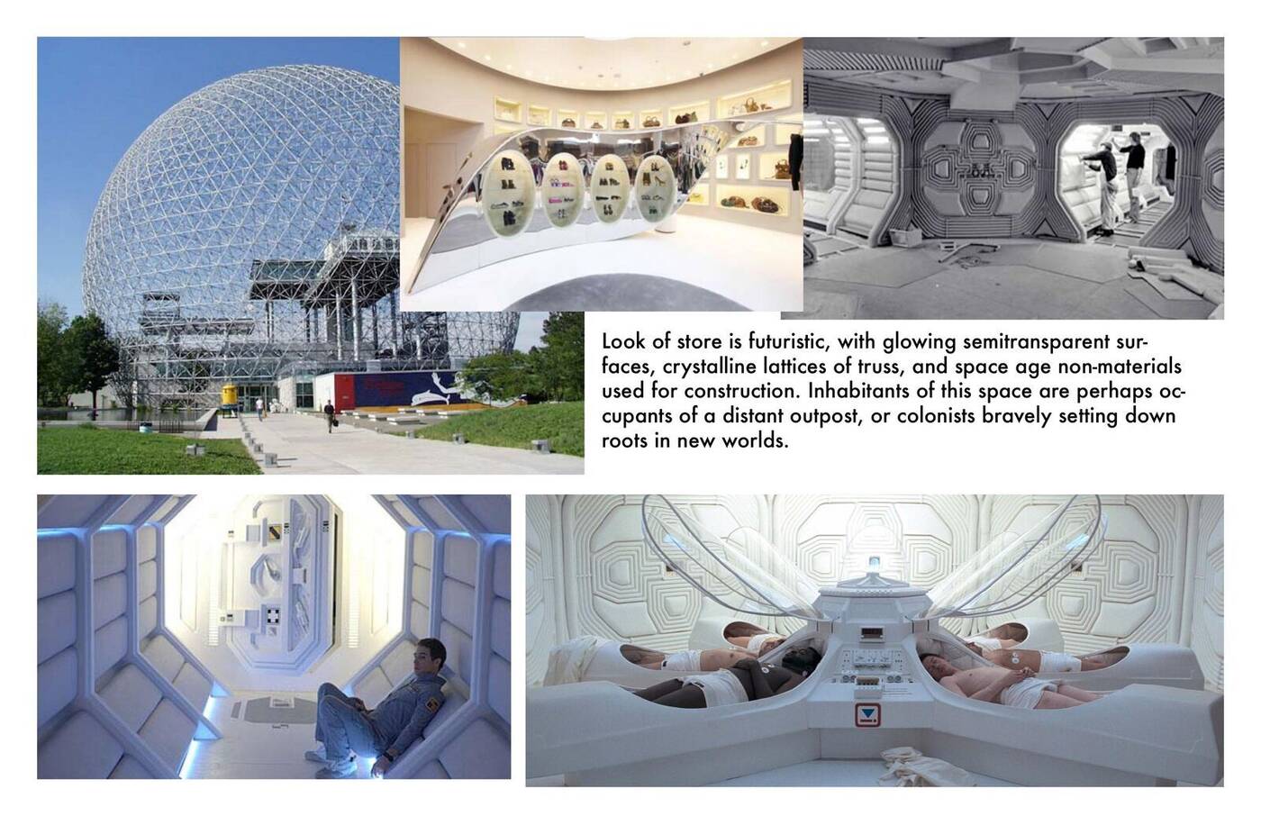 Futuristic aesthetic — semitransparent surfaces, crystalline truss