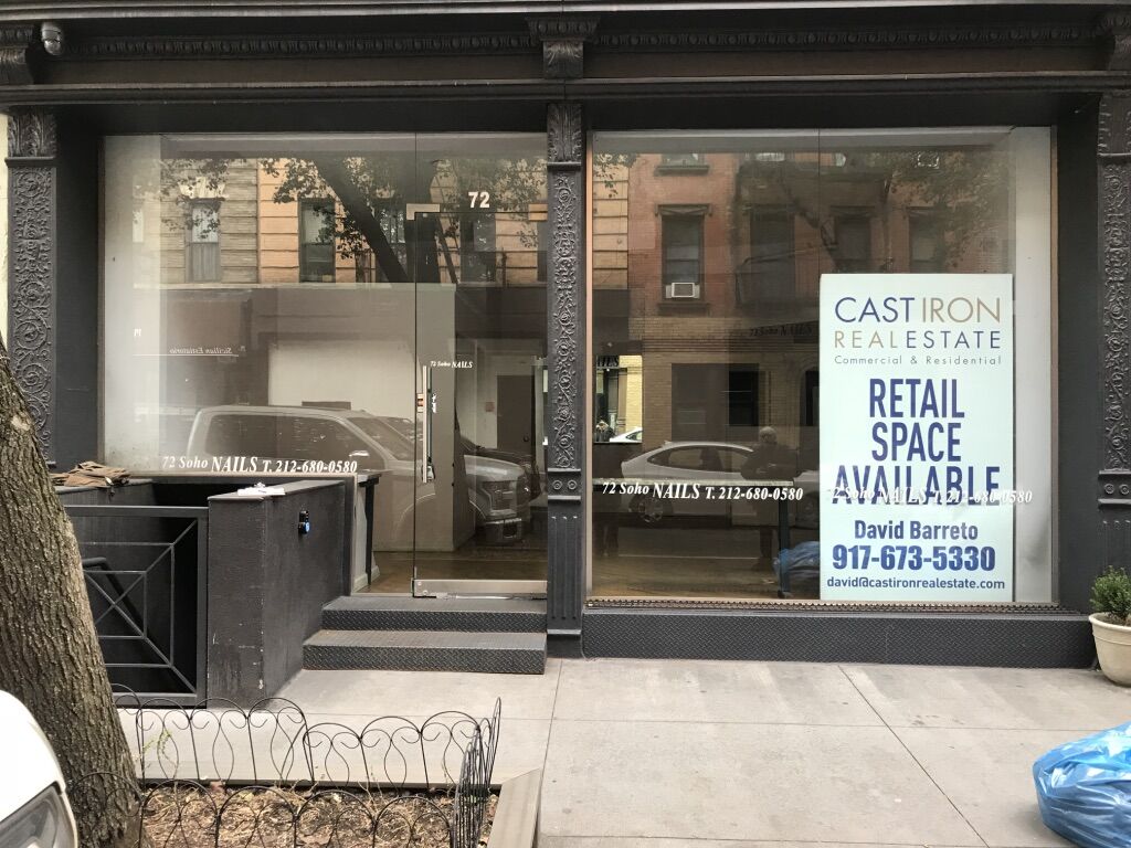The vacant storefront — 72 Soho Nails, retail space available