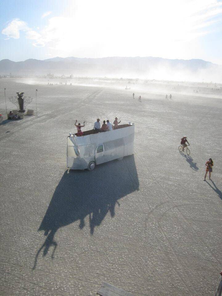 Aerial view — the mirror van nearly invisible on the playa