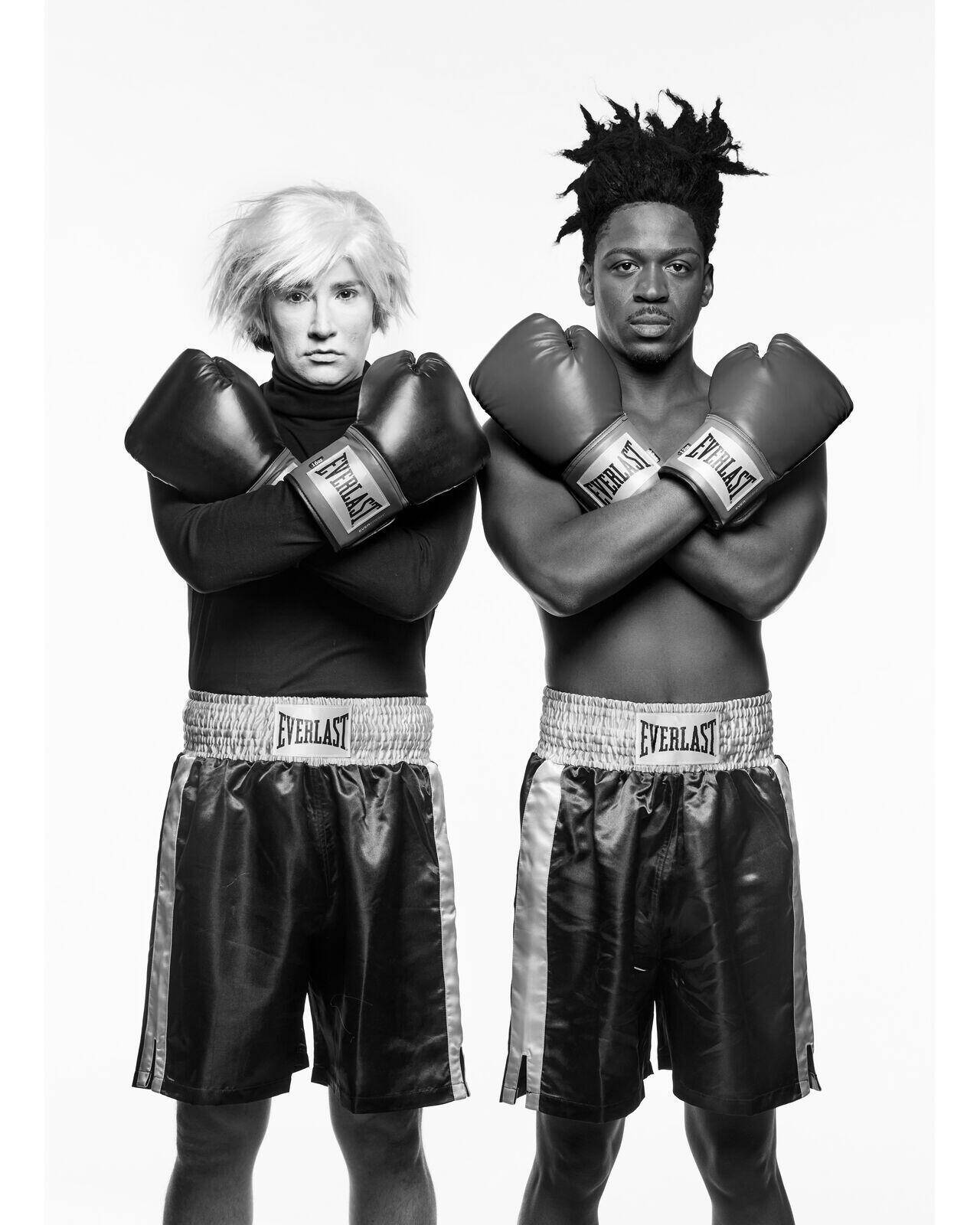 Ryan Raftery as Andy Warhol with Basquiat — boxing gloves