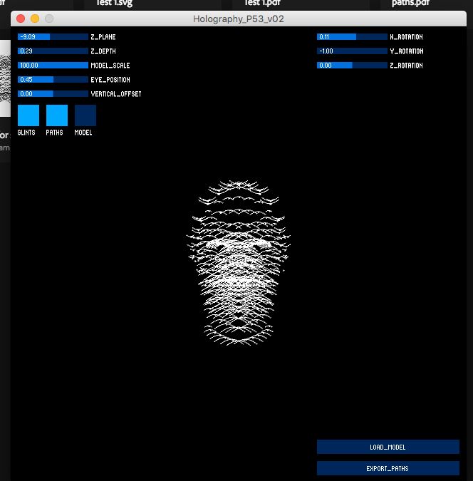 Processing sketch — computed scratch paths for a face hologram