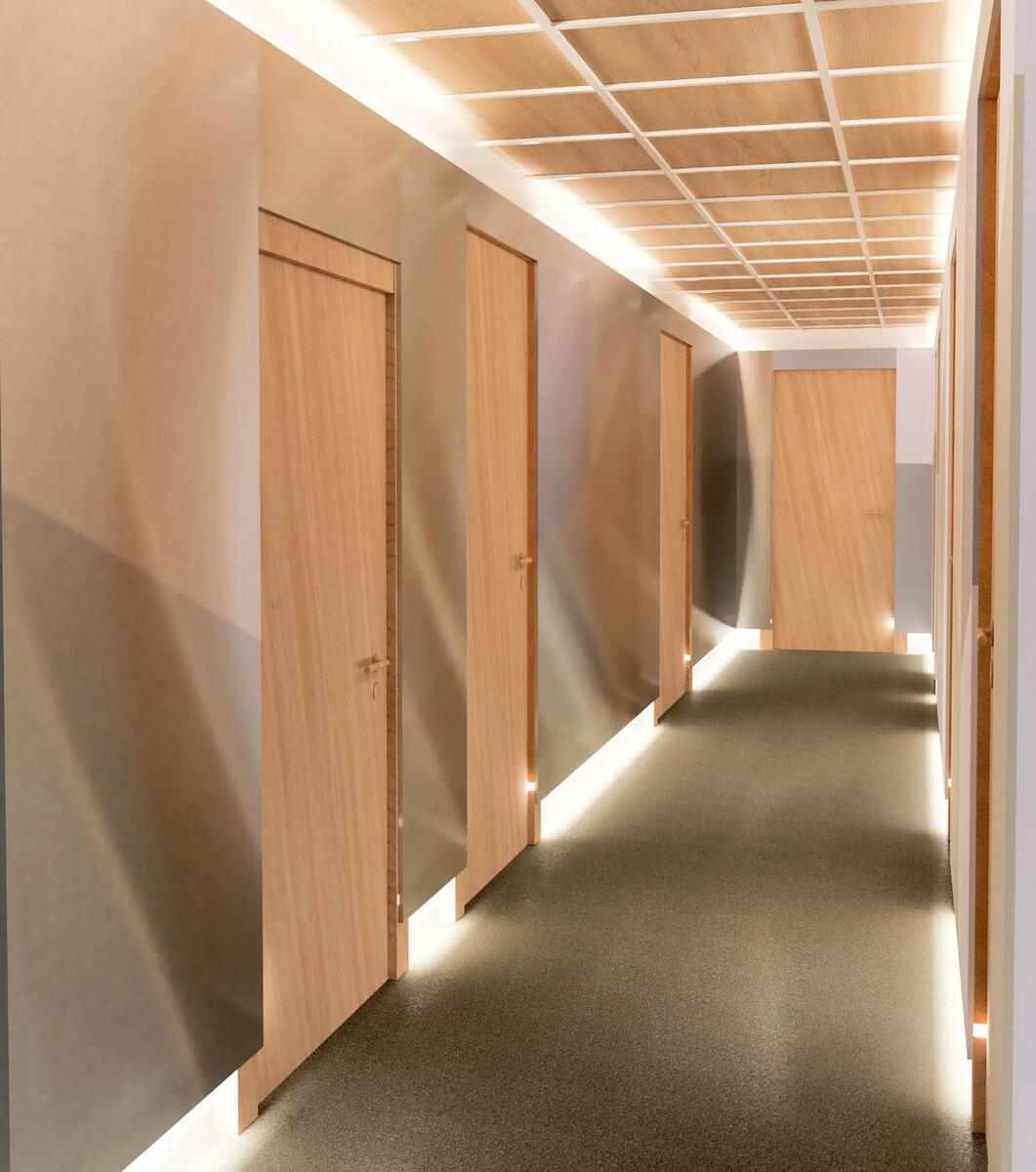Hallway rendering — metallic wall panels