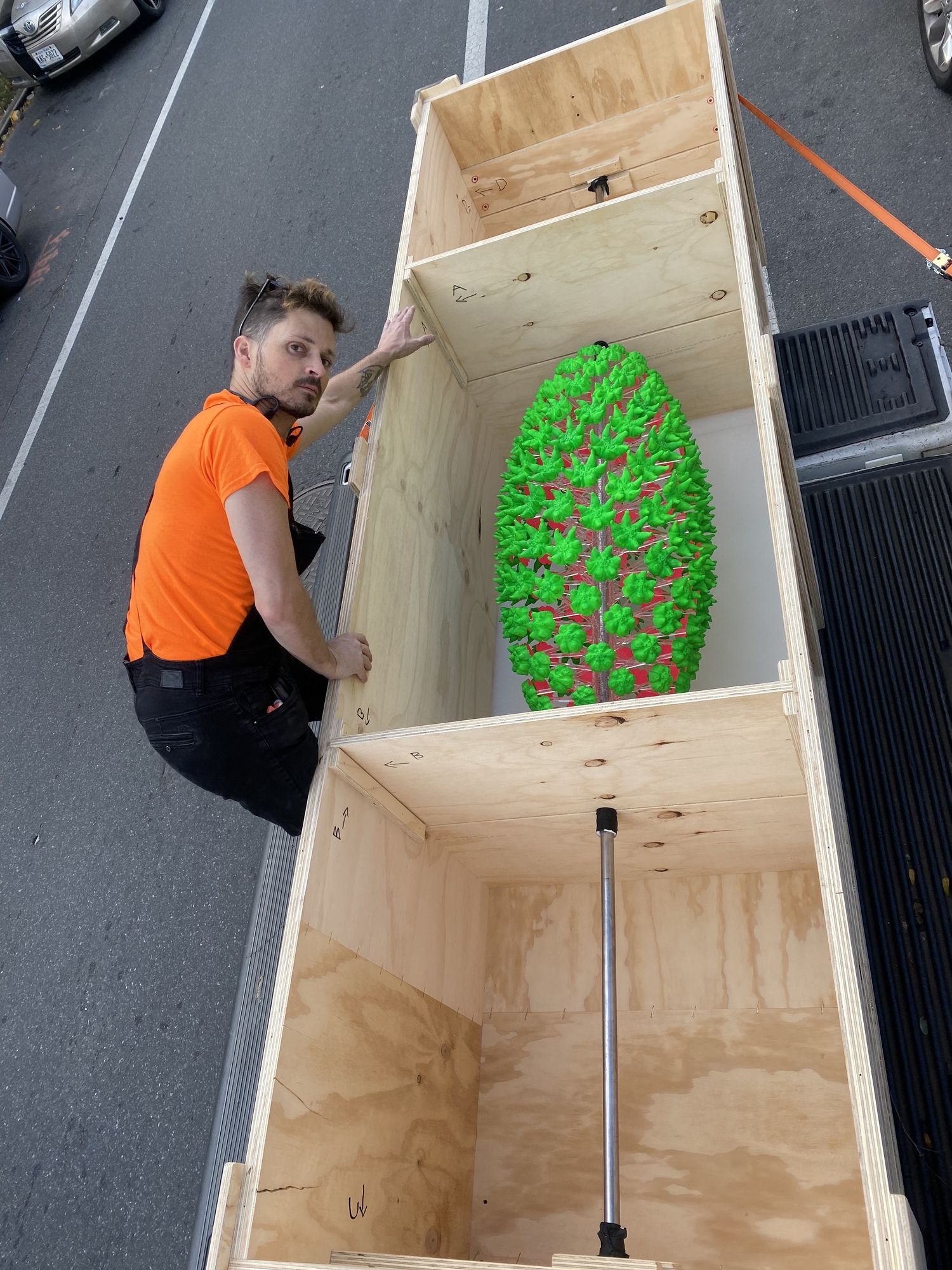 Brendan crating the zoetrope disc for international shipping